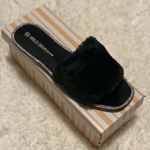 Rhinestone faux fur sandals